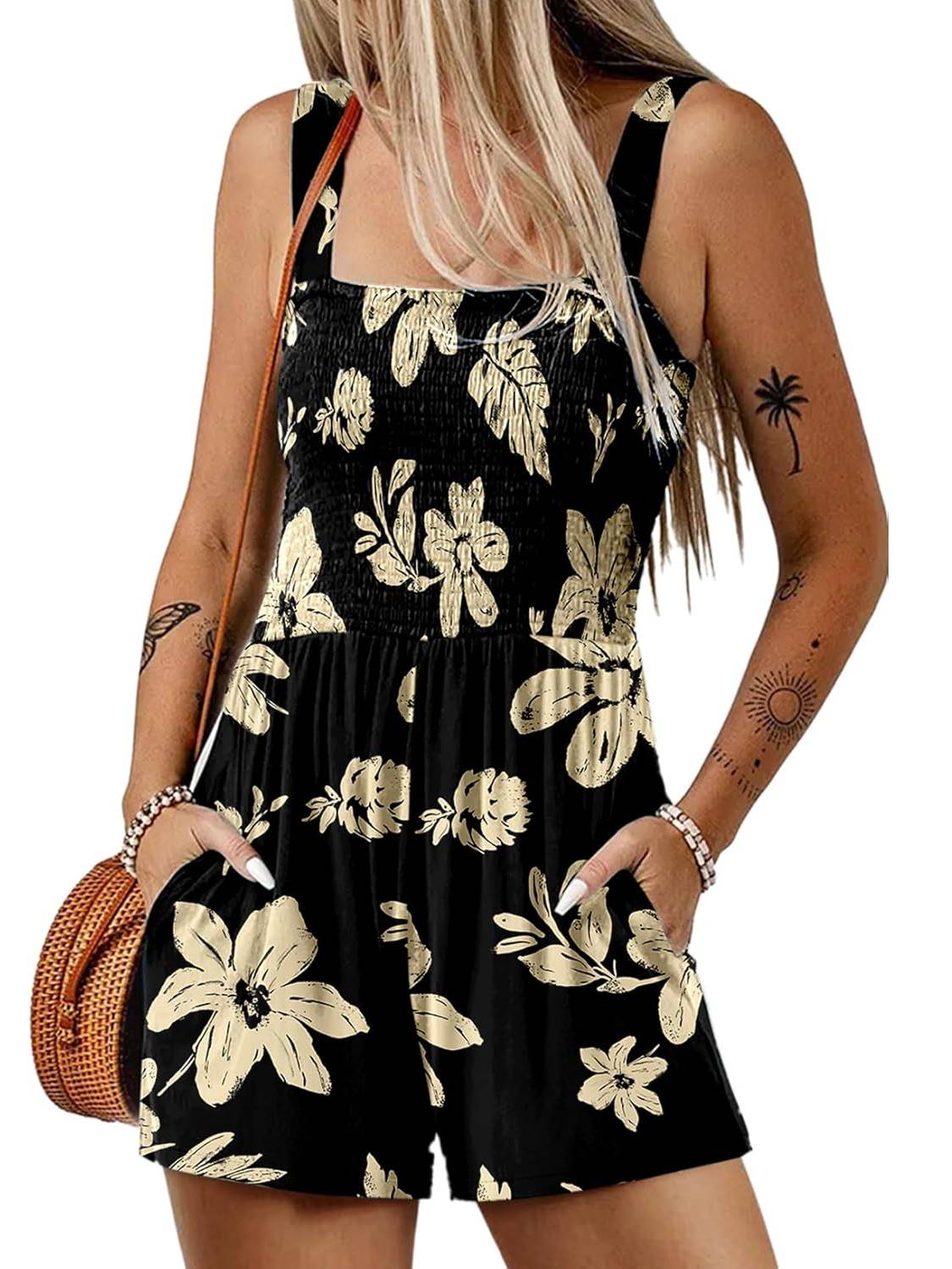 ⏰Hot Sale 50% Off💃Women's Summer Square Neck Sleeveless Loose Casual Short Smocked Romper