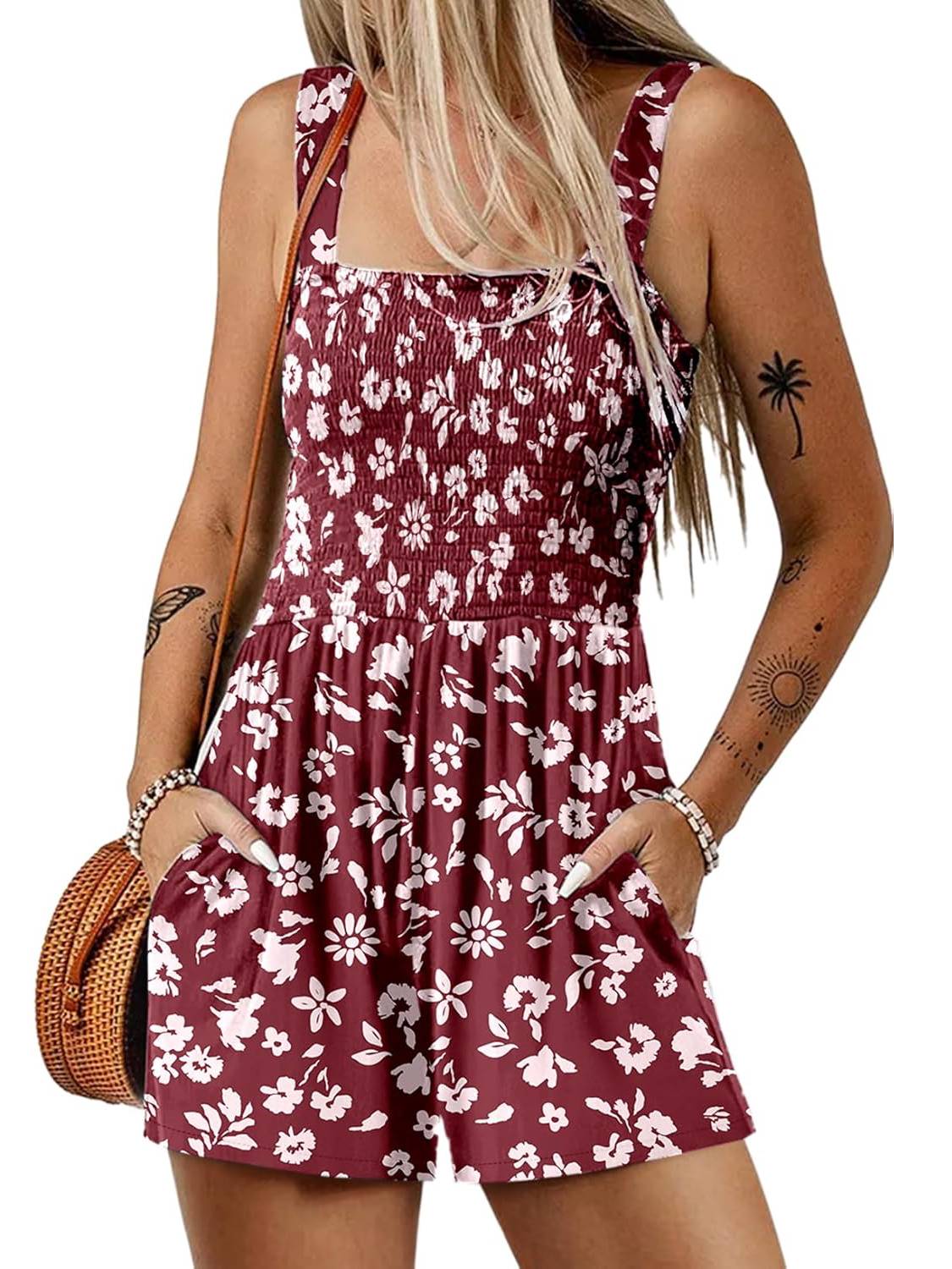 ⏰Hot Sale 50% Off💃Women's Summer Square Neck Sleeveless Loose Casual Short Smocked Romper