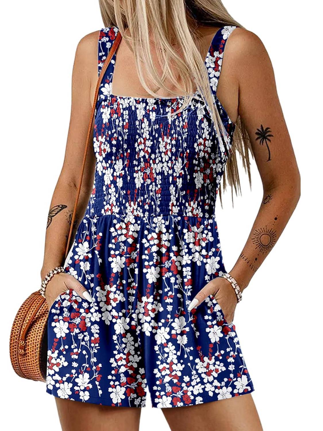 ⏰Hot Sale 50% Off💃Women's Summer Square Neck Sleeveless Loose Casual Short Smocked Romper