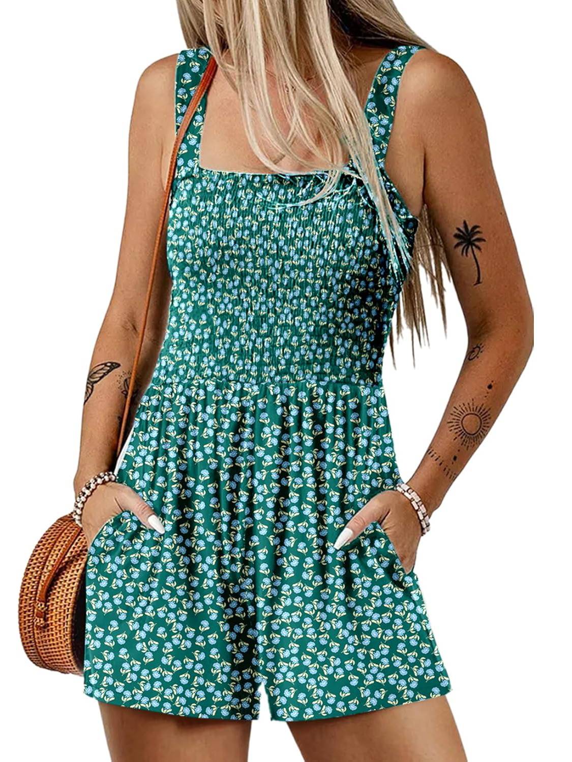 ⏰Hot Sale 50% Off💃Women's Summer Square Neck Sleeveless Loose Casual Short Smocked Romper
