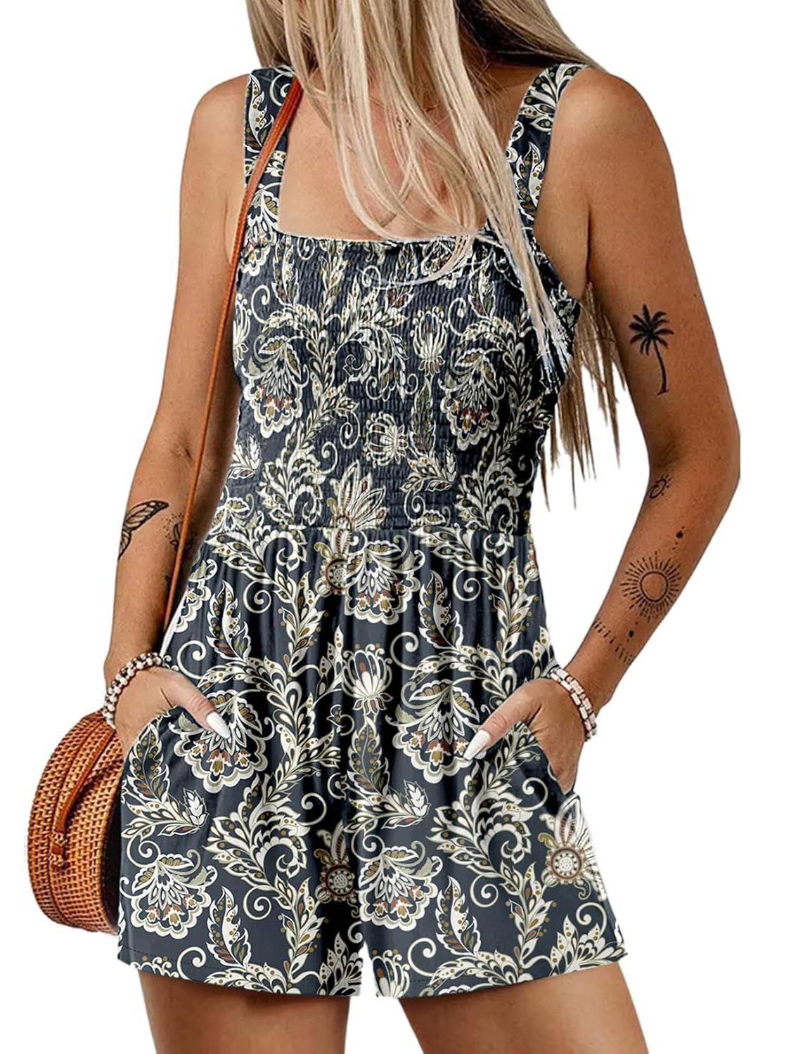 ⏰Hot Sale 50% Off💃Women's Summer Square Neck Sleeveless Loose Casual Short Smocked Romper