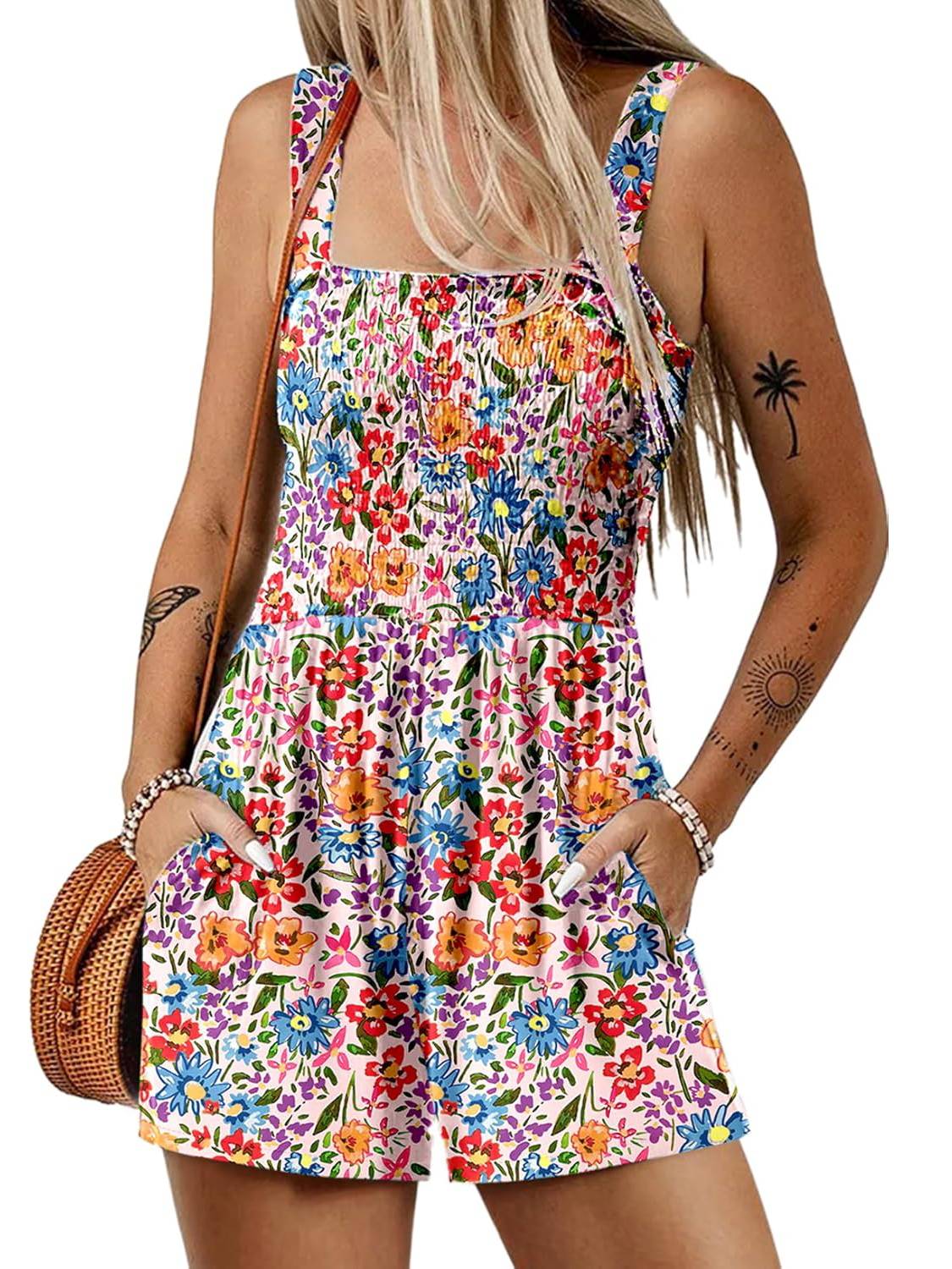 ⏰Hot Sale 50% Off💃Women's Summer Square Neck Sleeveless Loose Casual Short Smocked Romper