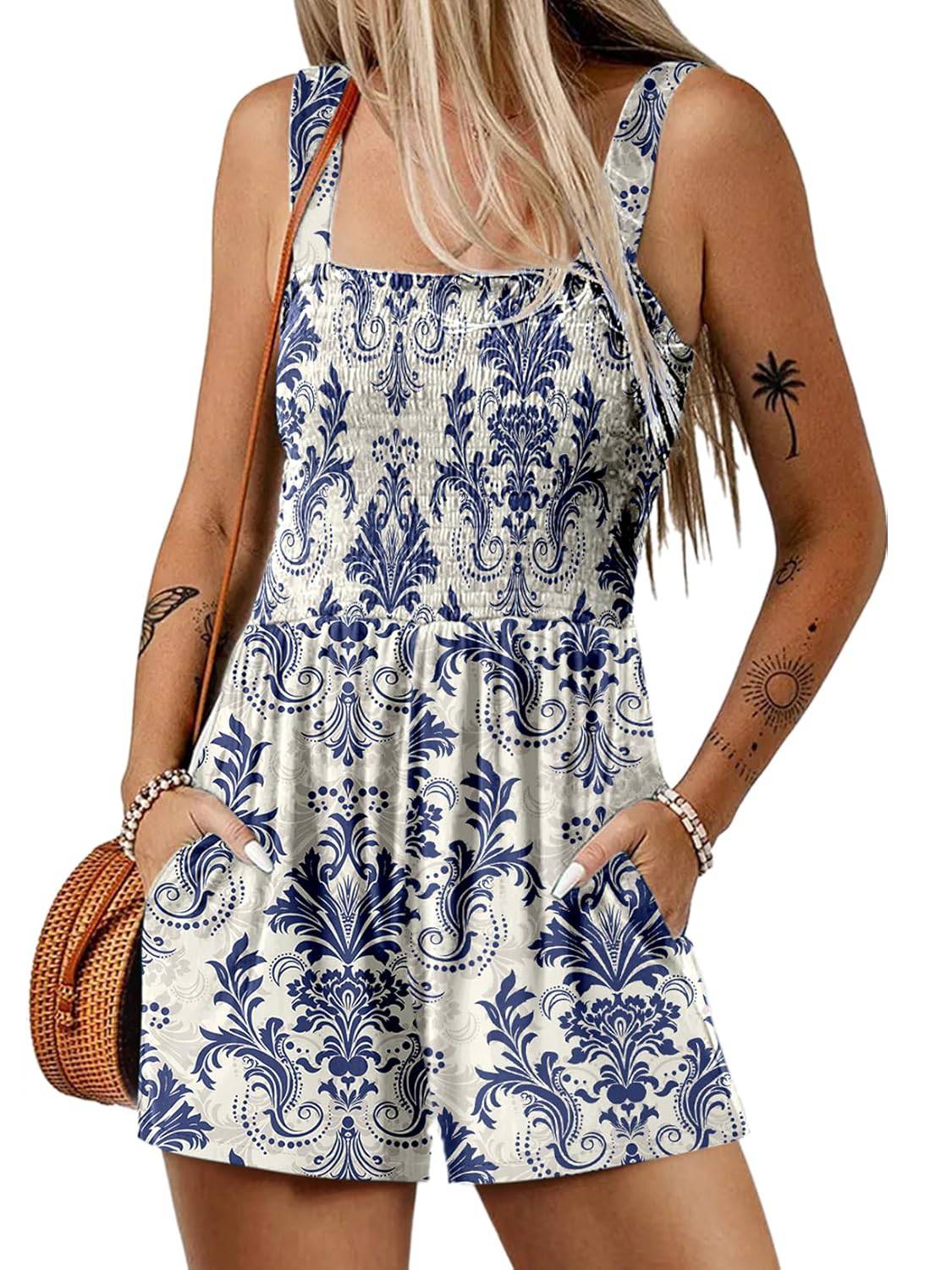 ⏰Hot Sale 50% Off💃Women's Summer Square Neck Sleeveless Loose Casual Short Smocked Romper