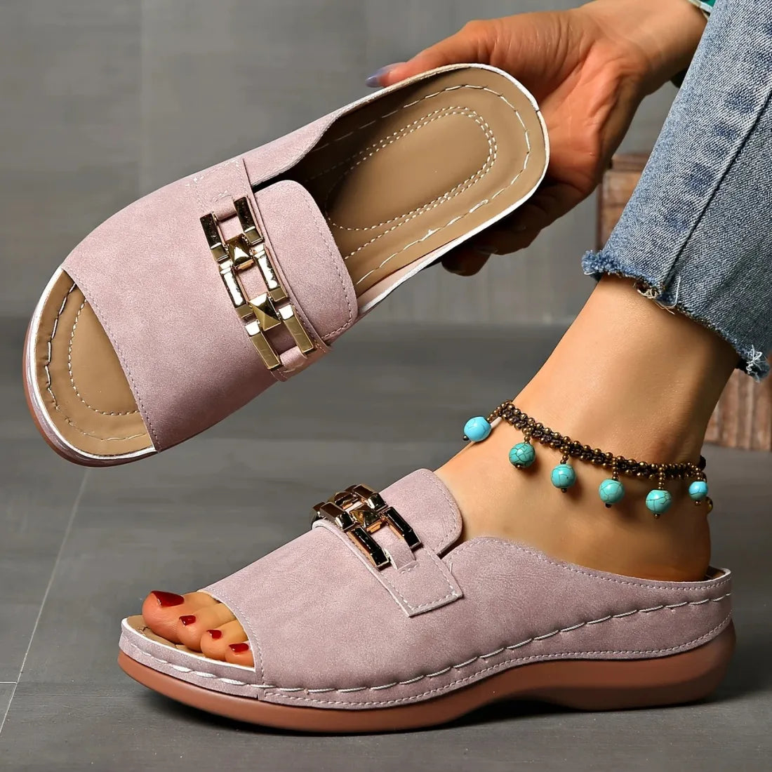Wedge Peep Toe Sandals with Metal Decoration