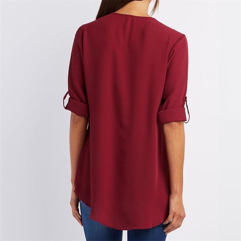 🔥Women's V-Neck Zip Large Size Adjustable Cuff Chiffon Shirt