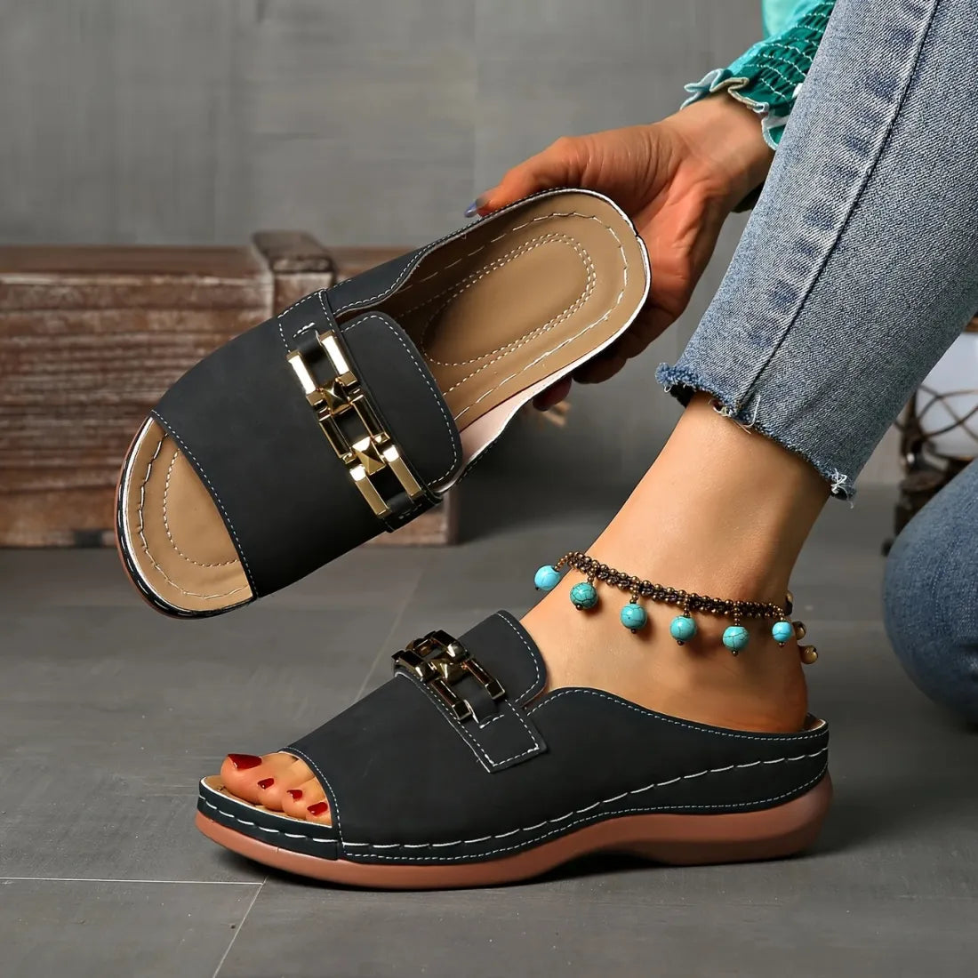 Wedge Peep Toe Sandals with Metal Decoration