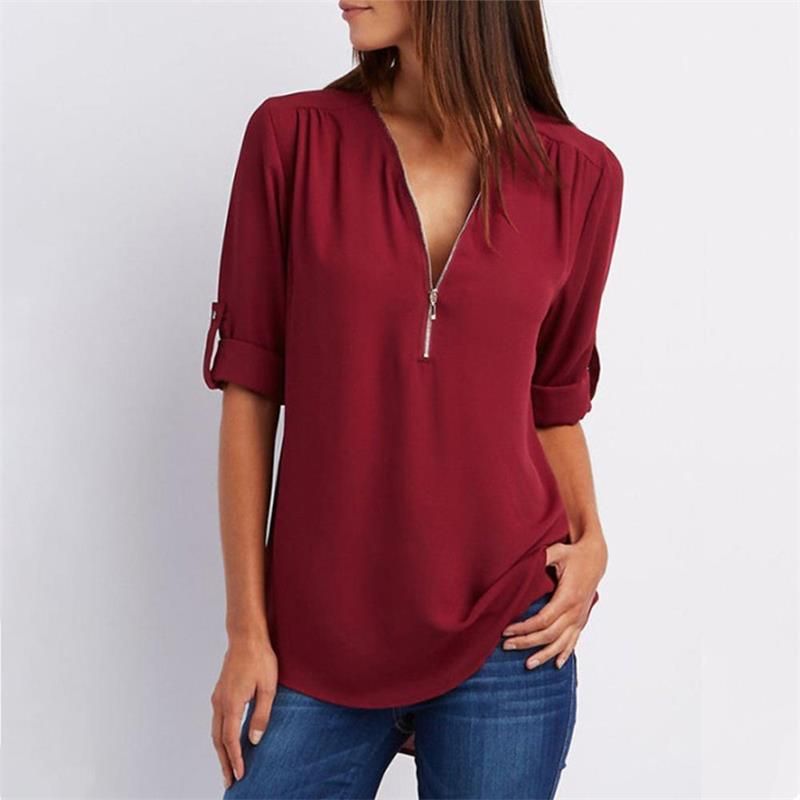 🔥Women's V-Neck Zip Large Size Adjustable Cuff Chiffon Shirt