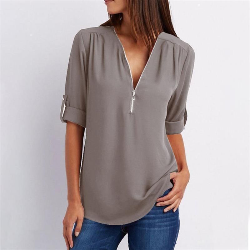 🔥Women's V-Neck Zip Large Size Adjustable Cuff Chiffon Shirt