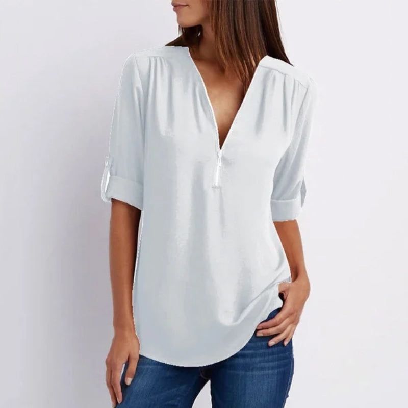 🔥Women's V-Neck Zip Large Size Adjustable Cuff Chiffon Shirt