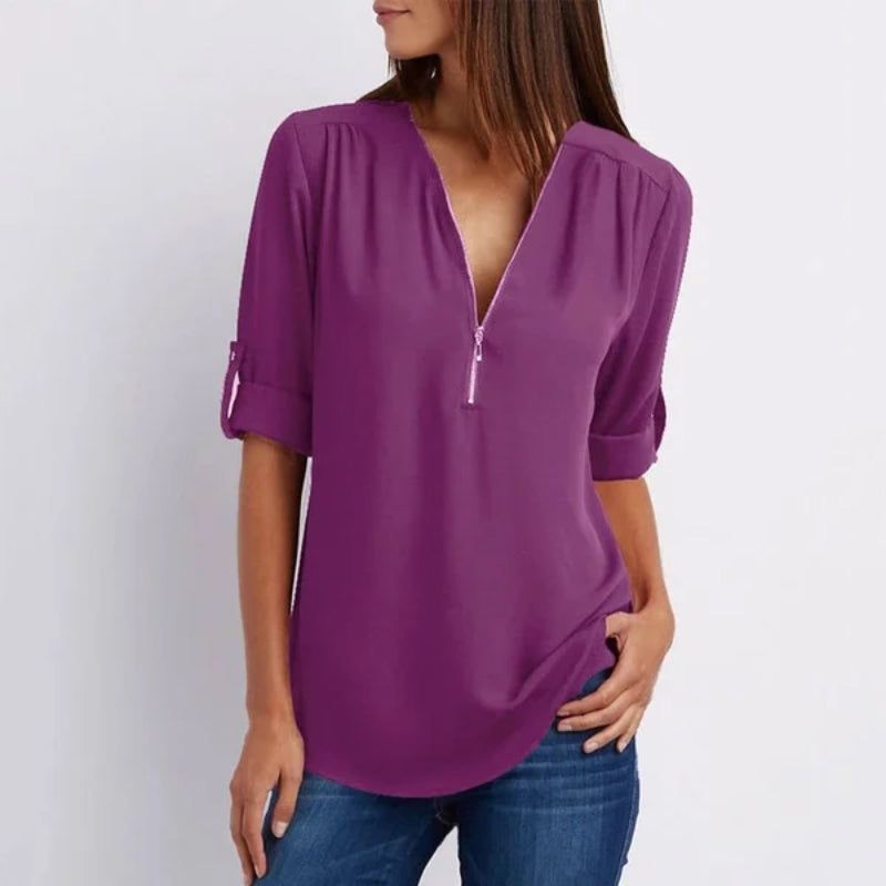 🔥Women's V-Neck Zip Large Size Adjustable Cuff Chiffon Shirt