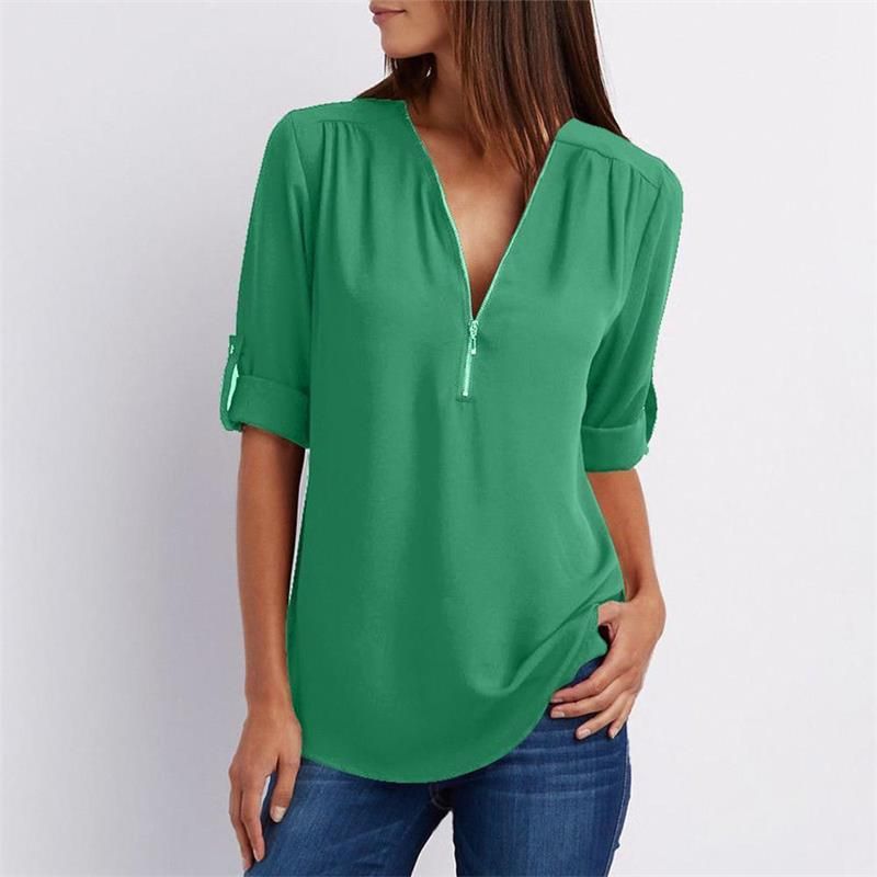 🔥Women's V-Neck Zip Large Size Adjustable Cuff Chiffon Shirt