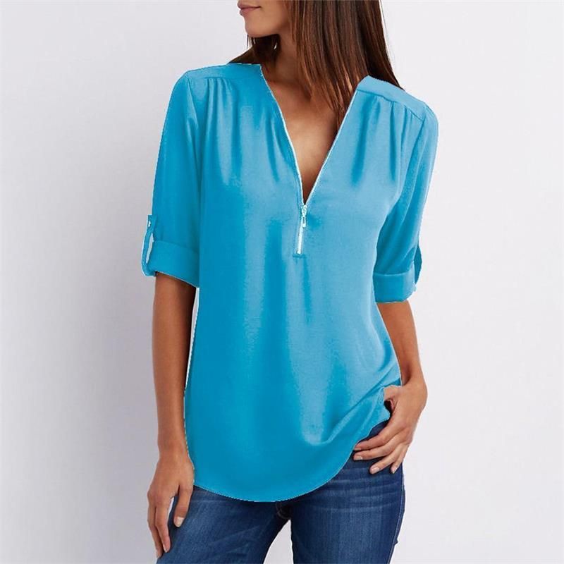 🔥Women's V-Neck Zip Large Size Adjustable Cuff Chiffon Shirt