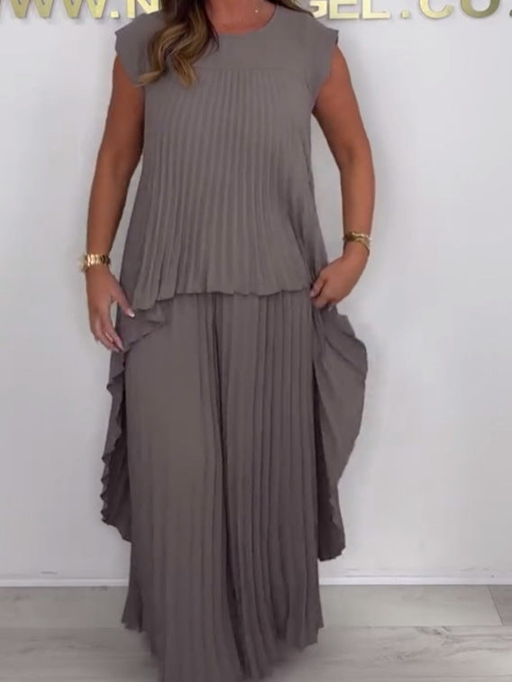 Laney Pleated Short Sleeve Irregular Midi Top and Elastic Waist Wide Leg Pants Set