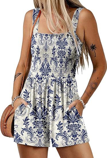 ⏰Hot Sale 50% Off💃Women's Summer Square Neck Sleeveless Loose Casual Short Smocked Romper