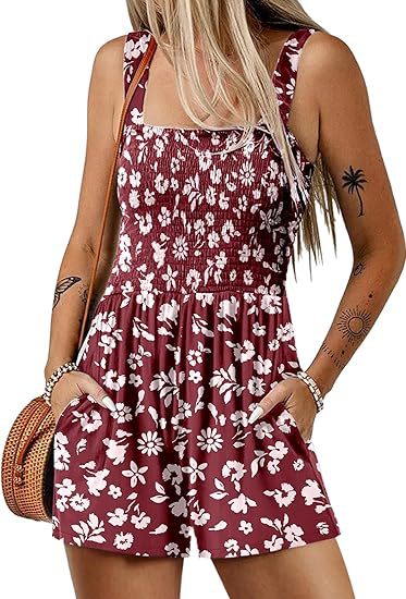 ⏰Hot Sale 50% Off💃Women's Summer Square Neck Sleeveless Loose Casual Short Smocked Romper