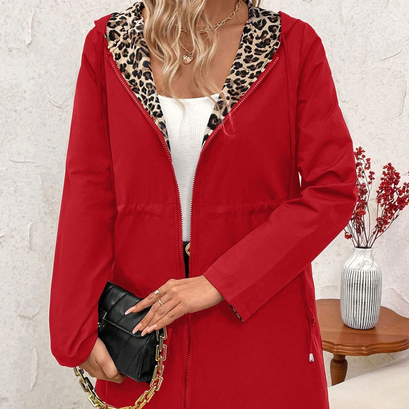 Hooded double-faced leopard print coat