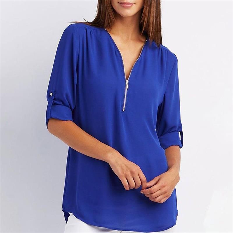 🔥Women's V-Neck Zip Large Size Adjustable Cuff Chiffon Shirt