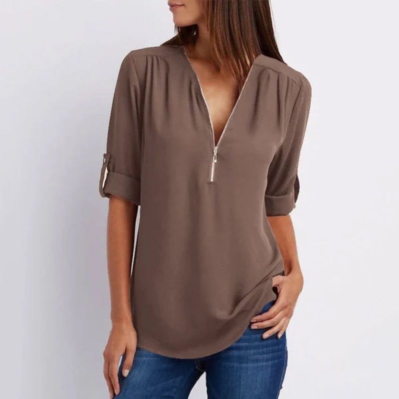 🔥Women's V-Neck Zip Large Size Adjustable Cuff Chiffon Shirt