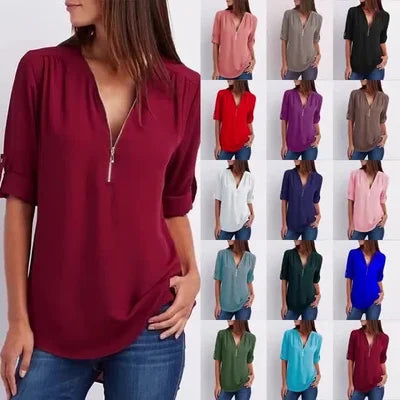 🔥Women's V-Neck Zip Large Size Adjustable Cuff Chiffon Shirt