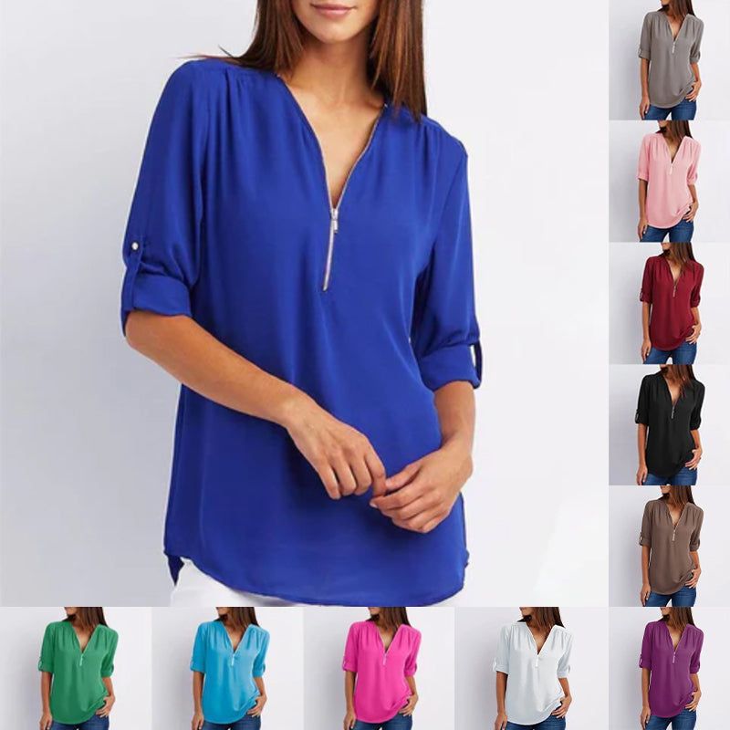 🔥Women's V-Neck Zip Large Size Adjustable Cuff Chiffon Shirt