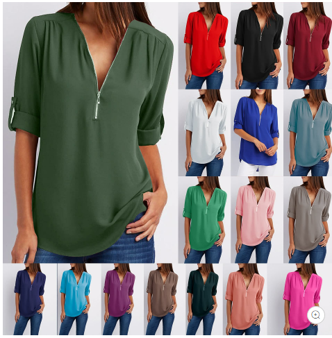 🔥Women's V-Neck Zip Large Size Adjustable Cuff Chiffon Shirt