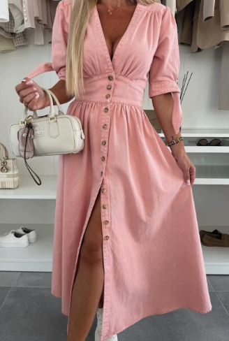 ๐ Women's V-Neck Button Down Denim Dress