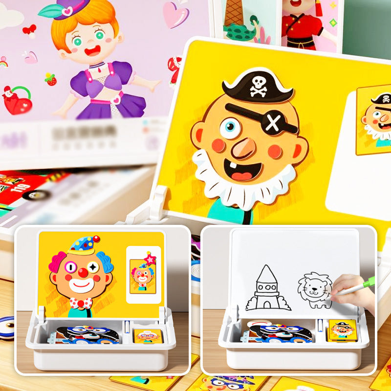 Magnetic puzzle box for children with game and drawing board