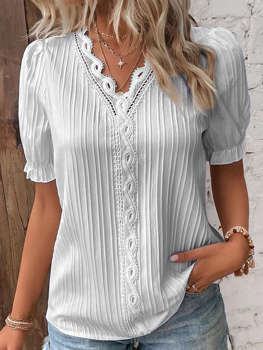 š„BUY 2 GET 10% OFFšV Neck Plain Lace Elegant Shirt
