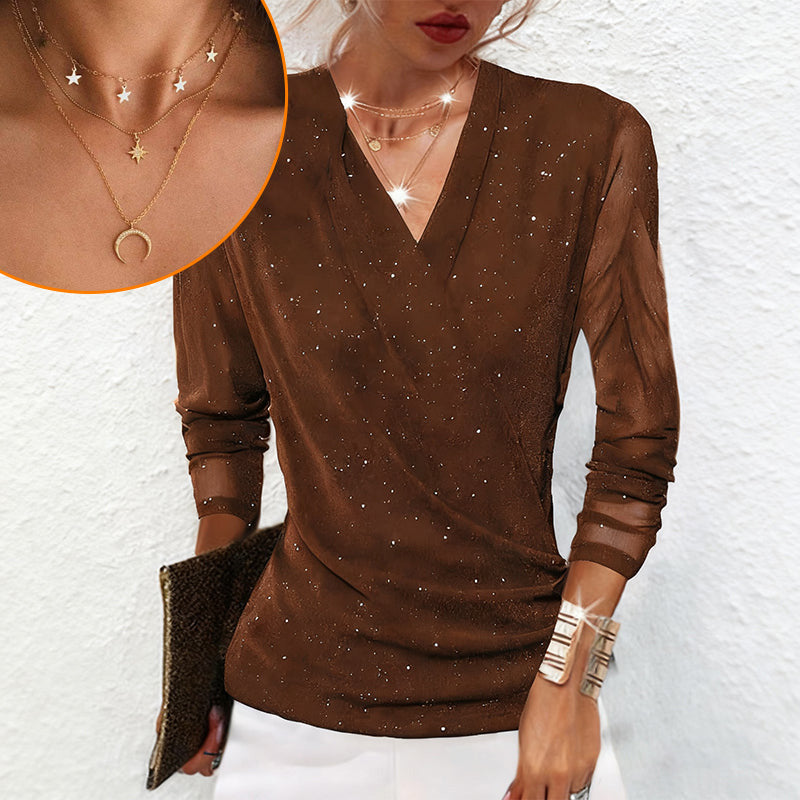 Women's Sparkle Crossover V-Neck Long Sleeve Top