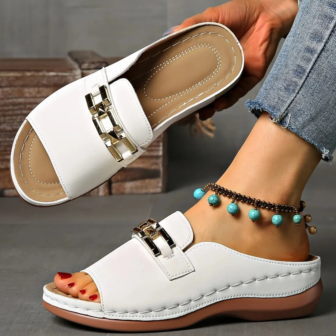Wedge Peep Toe Sandals with Metal Decoration