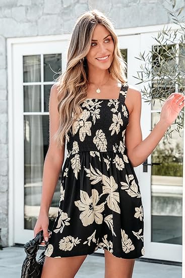 ⏰Hot Sale 50% Off💃Women's Summer Square Neck Sleeveless Loose Casual Short Smocked Romper
