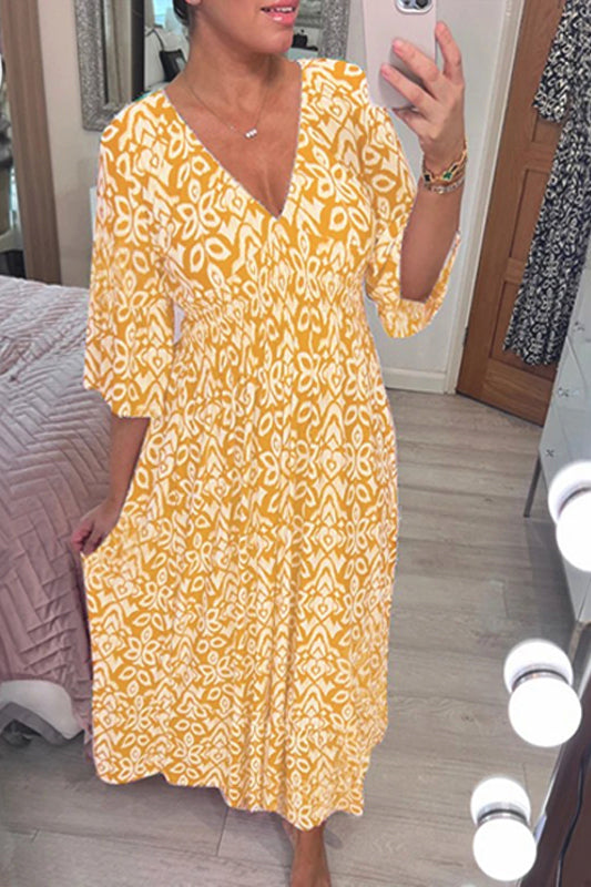 🔥Hot Sale-Free shipping for 3 pieces(10% OFF)🔥Casual print, V-neck long dress, exudes charming appeal!!