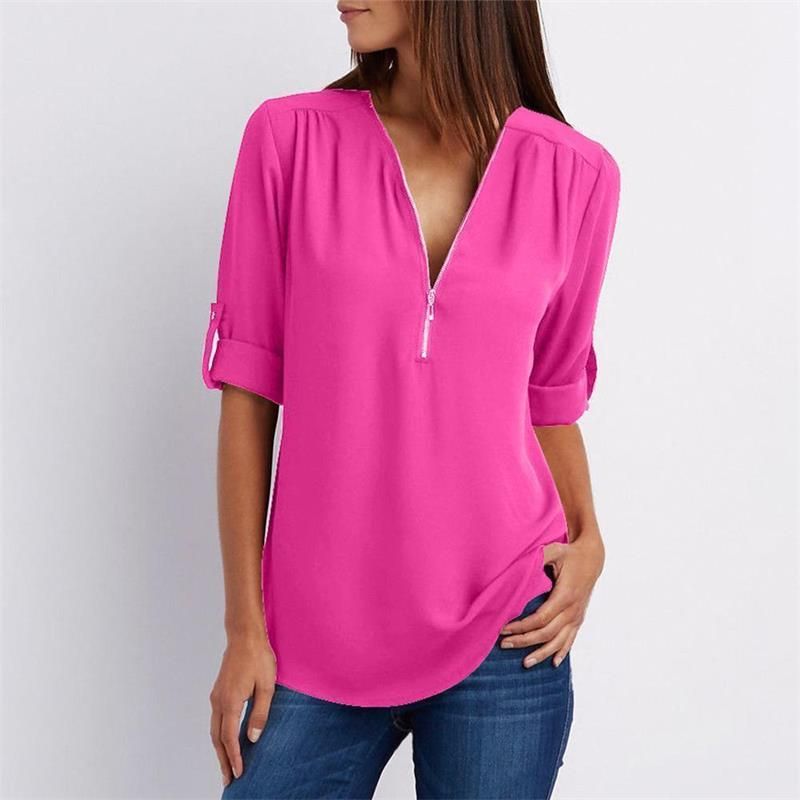🔥Women's V-Neck Zip Large Size Adjustable Cuff Chiffon Shirt