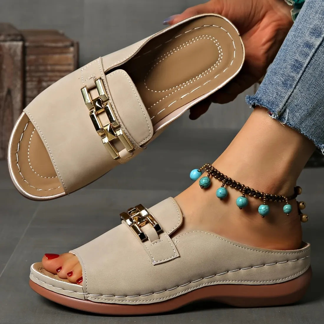 Wedge Peep Toe Sandals with Metal Decoration