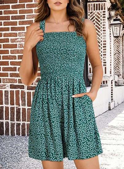 ⏰Hot Sale 50% Off💃Women's Summer Square Neck Sleeveless Loose Casual Short Smocked Romper