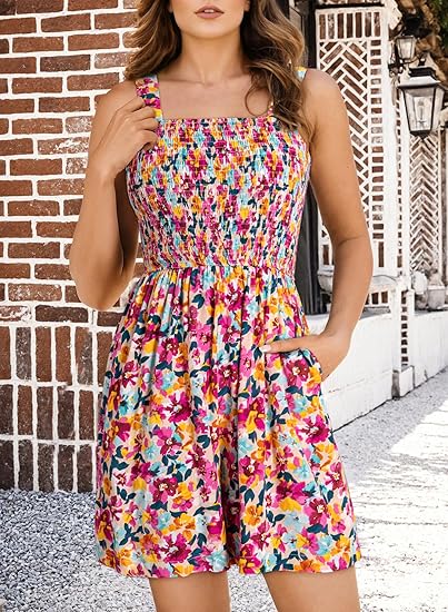 ⏰Hot Sale 50% Off💃Women's Summer Square Neck Sleeveless Loose Casual Short Smocked Romper