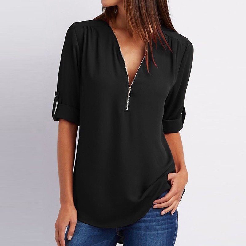 🔥Women's V-Neck Zip Large Size Adjustable Cuff Chiffon Shirt