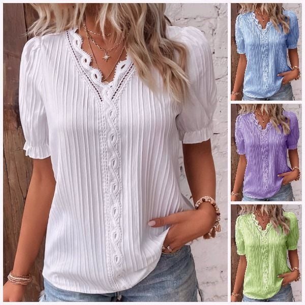 š„BUY 2 GET 10% OFFšV Neck Plain Lace Elegant Shirt