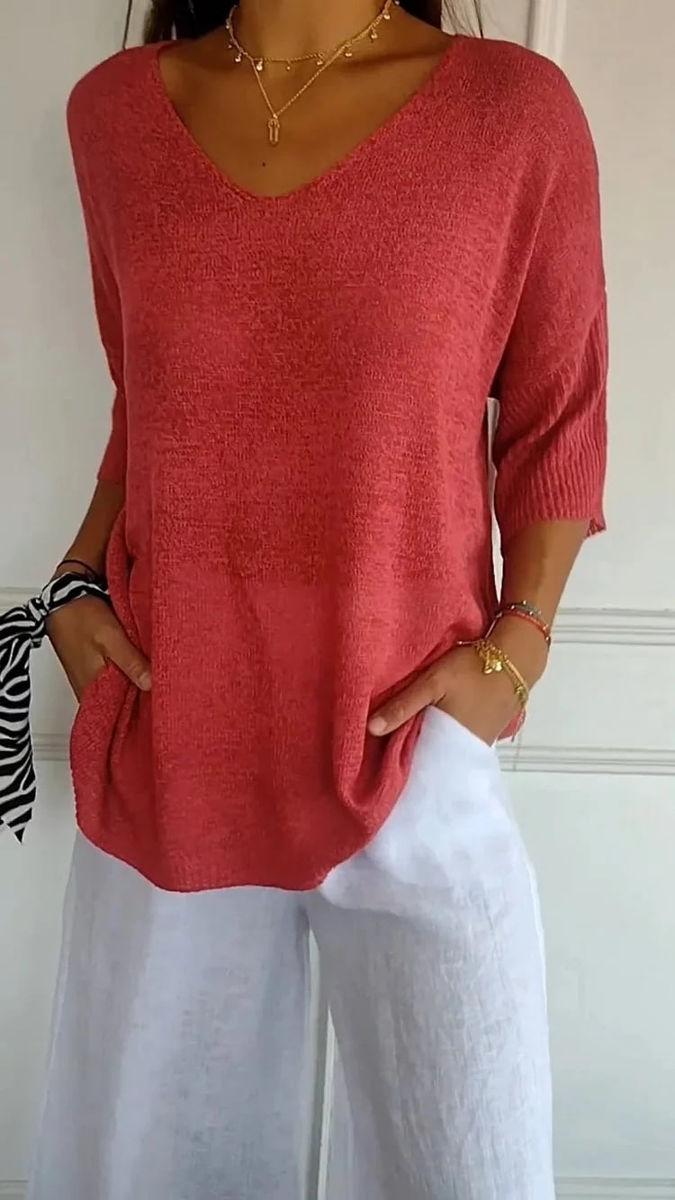 💖LAST DAY SALE 50% OFF🥰Solid Color Knitted V-neck Top