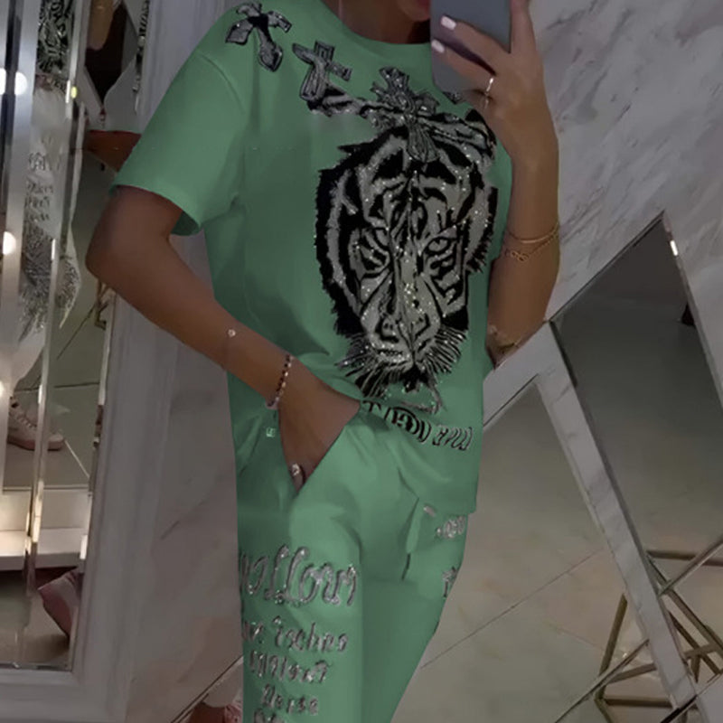 Casual Printed Top Drawstring Pants 2-Piece Set