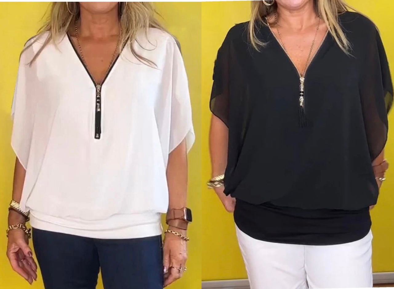 Women's Chiffon Zip-up Neck Casual Top