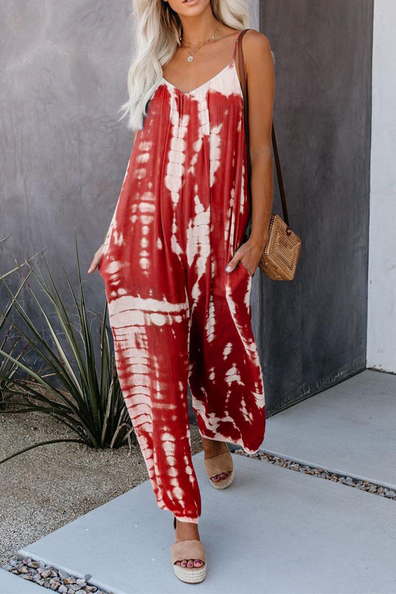 🔥Summer Hot Sale💝Women's Casual Strap Loose Tie-Dye Wide Leg Jumpsuit