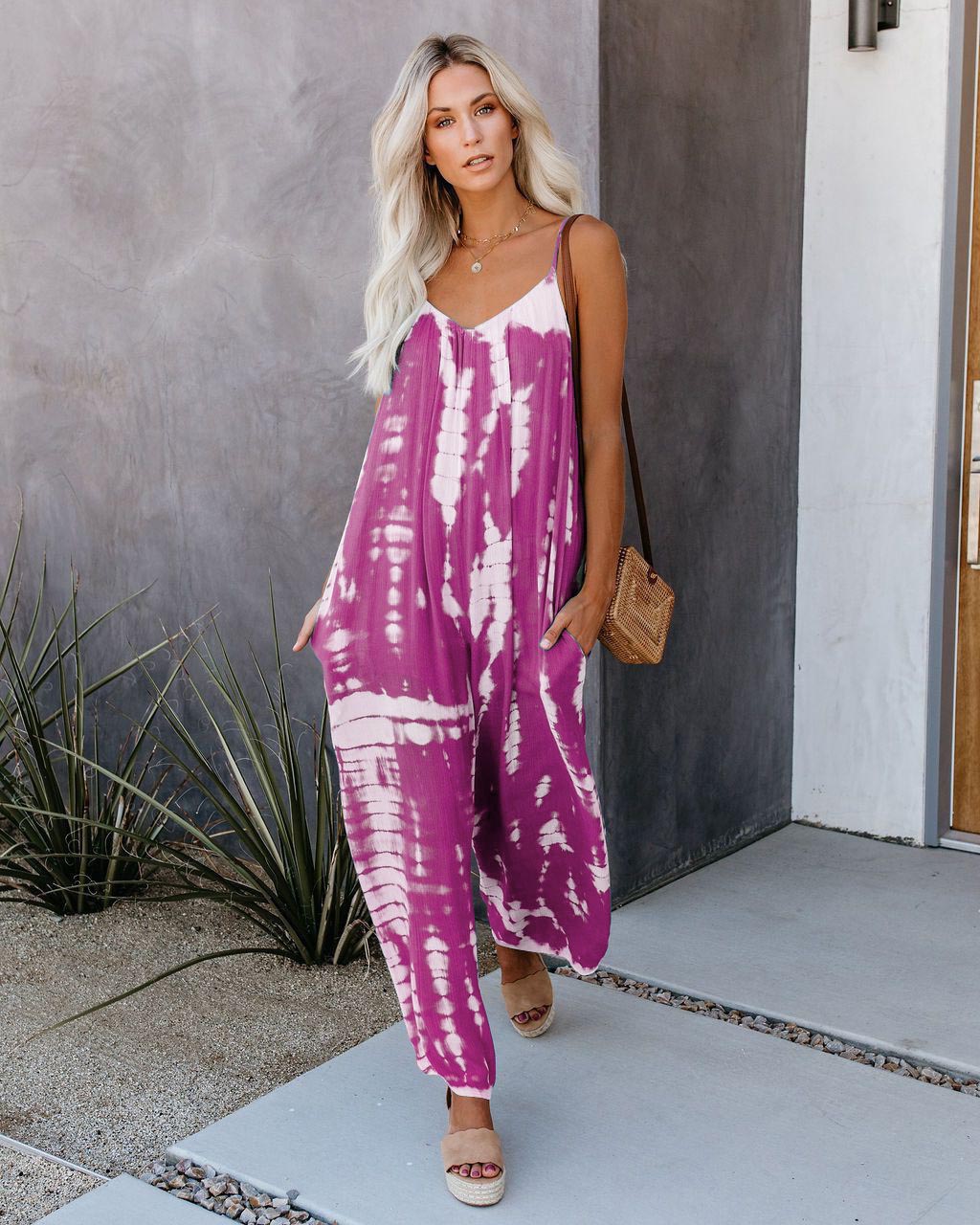 🔥Summer Hot Sale💝Women's Casual Strap Loose Tie-Dye Wide Leg Jumpsuit