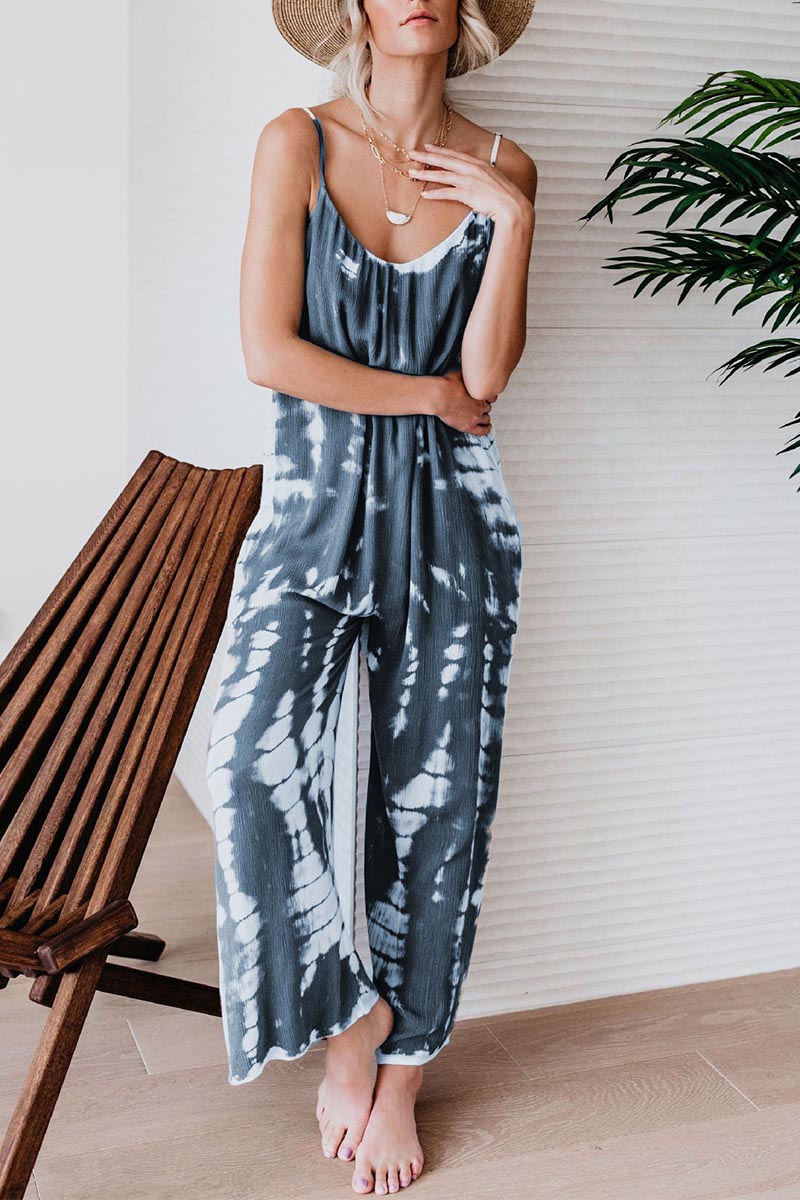 🔥Summer Hot Sale💝Women's Casual Strap Loose Tie-Dye Wide Leg Jumpsuit