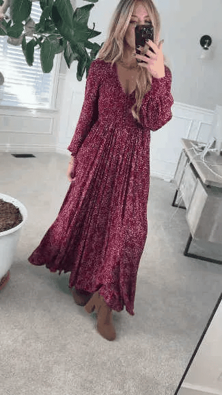 🎅Christmas Special Deal 49%OFF-💃Women’s Floral Rayon Smocked-Waist Lined Maxi Dress
