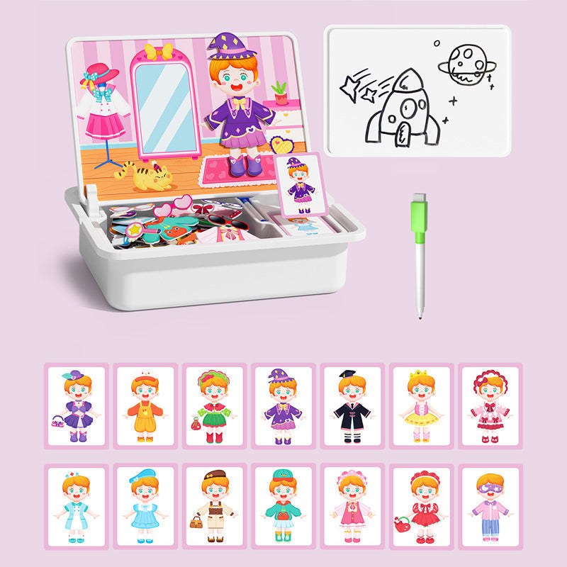 Magnetic puzzle box for children with game and drawing board