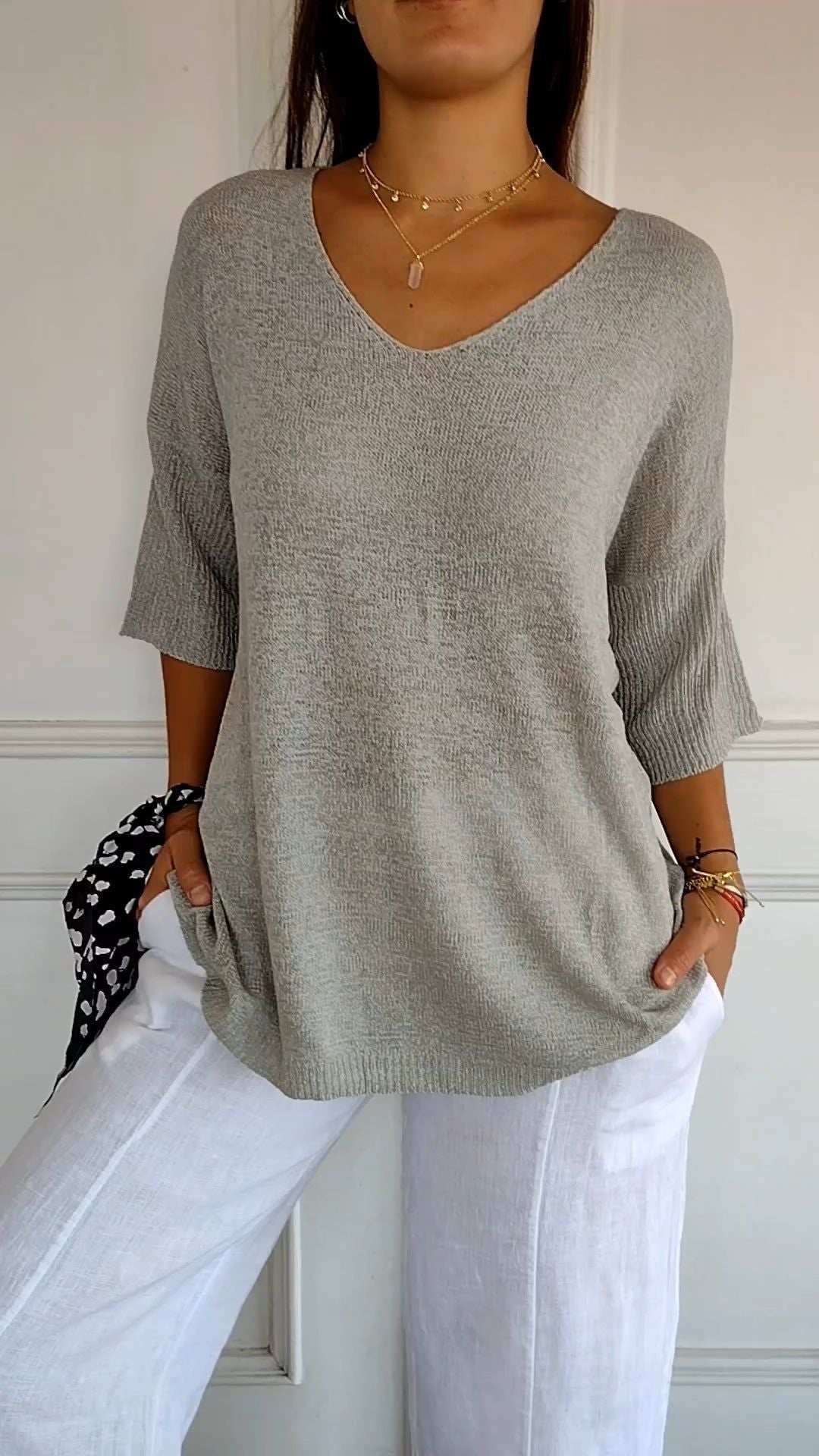 💖LAST DAY SALE 50% OFF🥰Solid Color Knitted V-neck Top