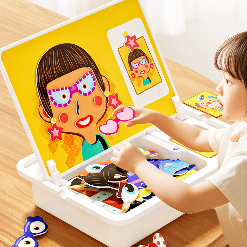Magnetic puzzle box for children with game and drawing board