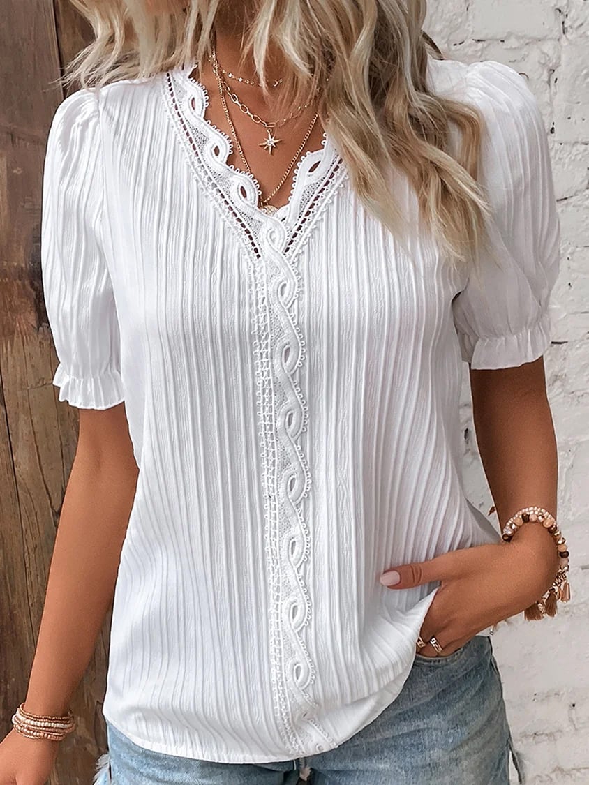 š„BUY 2 GET 10% OFFšV Neck Plain Lace Elegant Shirt