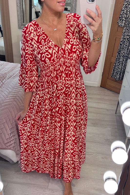 🔥Hot Sale-Free shipping for 3 pieces(10% OFF)🔥Casual print, V-neck long dress, exudes charming appeal!!